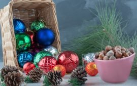 Christmas festive balls with pinecones and nuts. High quality photo